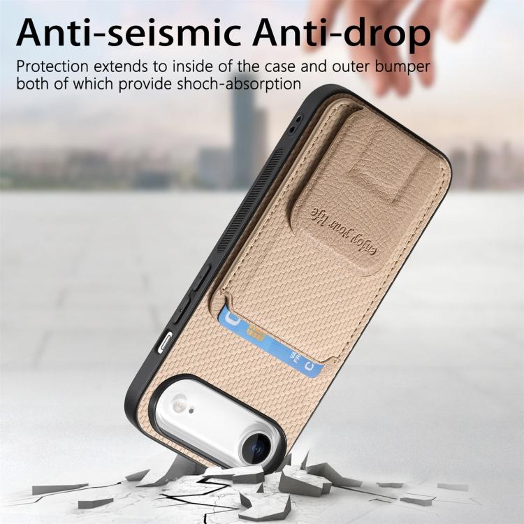 For iPhone Air Carbon Fiber Card Bag Fold Stand Phone Case(Khaki) - iPhone Air Cases by buy2fix | Online Shopping UK | buy2fix