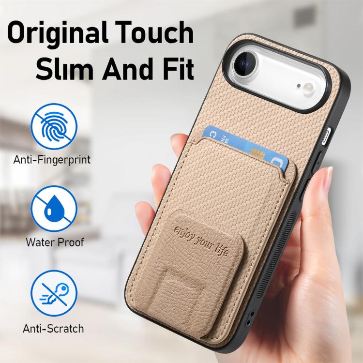 For iPhone Air Carbon Fiber Card Bag Fold Stand Phone Case(Khaki) - iPhone Air Cases by buy2fix | Online Shopping UK | buy2fix