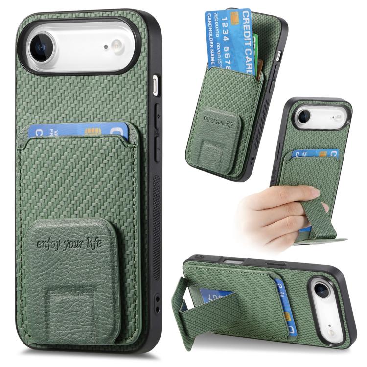 For iPhone Air Carbon Fiber Card Bag Fold Stand Phone Case(Green) - iPhone Air Cases by buy2fix | Online Shopping UK | buy2fix