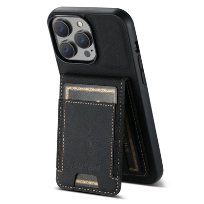 For iPhone 15 Pro Max Suteni H03 Litchi Leather Card Bag Stand Back Phone Case(Black) by Suteni