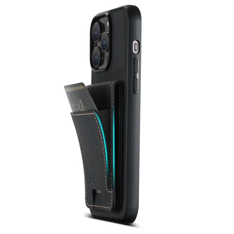 For iPhone 15 Pro Max Suteni H03 Litchi Leather Card Bag Stand Back Phone Case(Black) by Suteni