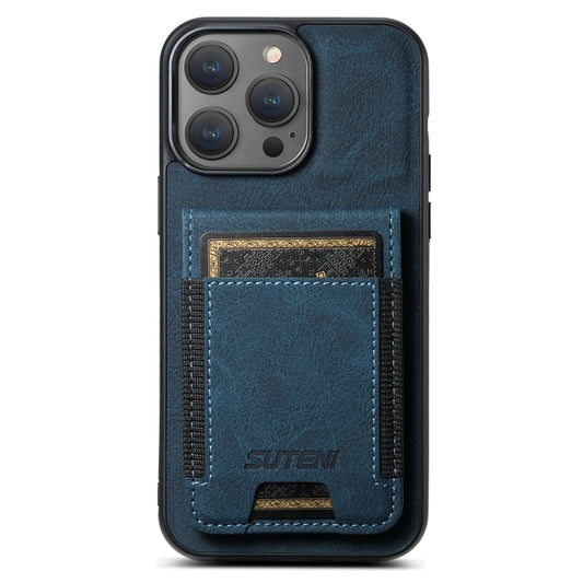 For iPhone 15 Pro Max Suteni H03 Litchi Leather Card Bag Stand Back Phone Case(Blue) by Suteni