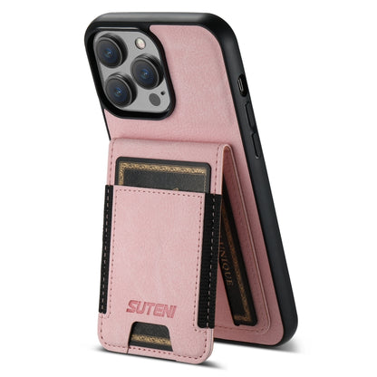 For iPhone 15 Pro Max Suteni H03 Litchi Leather Card Bag Stand Back Phone Case(Pink) by Suteni