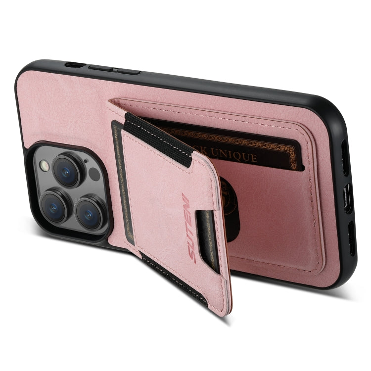 For iPhone 15 Pro Max Suteni H03 Litchi Leather Card Bag Stand Back Phone Case(Pink) by Suteni