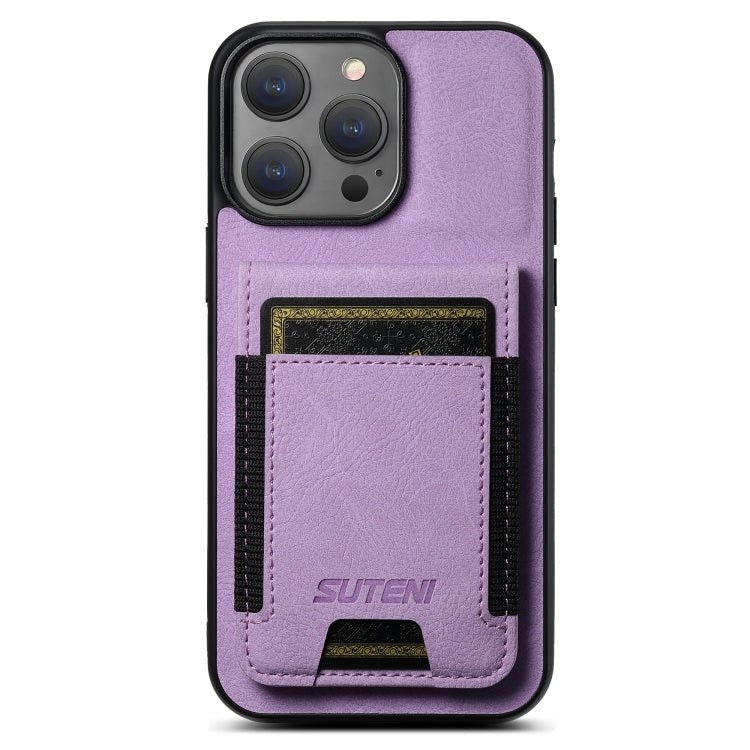 For iPhone 15 Pro Max Suteni H03 Litchi Leather Card Bag Stand Back Phone Case(Purple) by Suteni