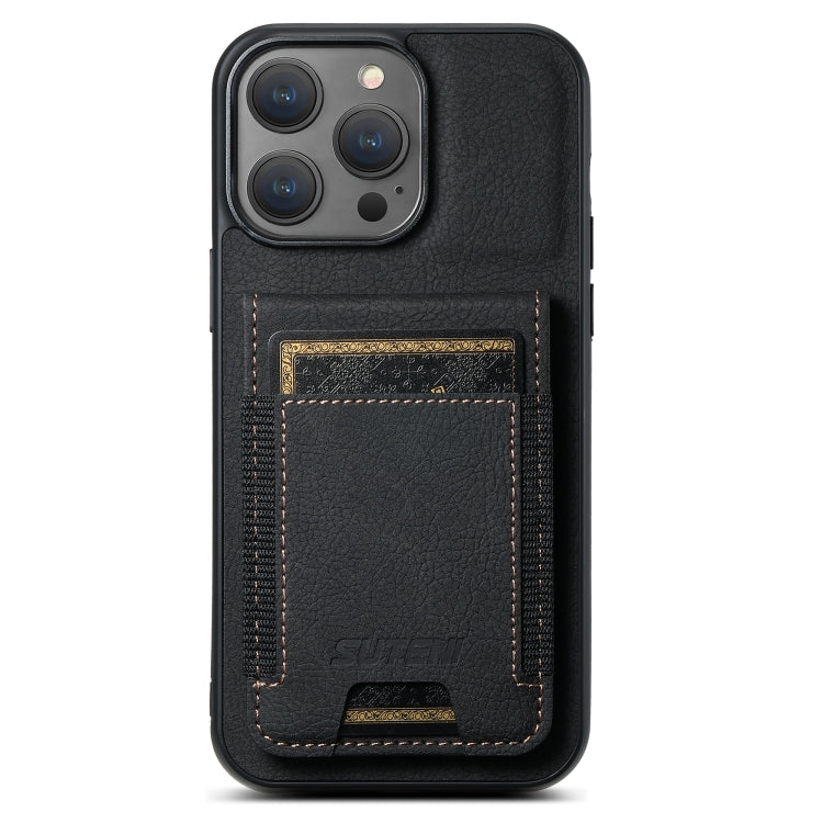 For iPhone 15 Pro Suteni H03 Litchi Leather Card Bag Stand Back Phone Case(Black) - iPhone 15 Pro Cases by Suteni | Online Shopping UK | buy2fix
