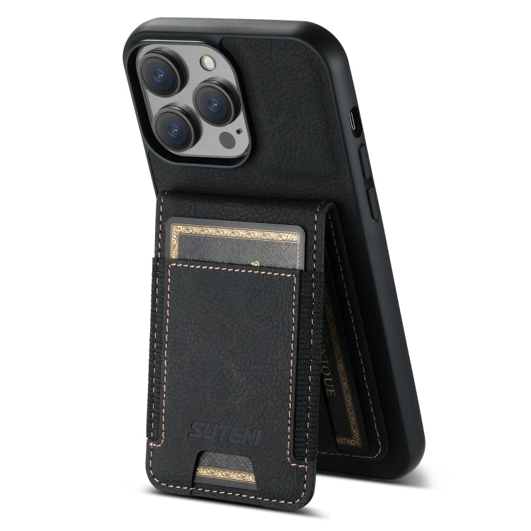 For iPhone 15 Pro Suteni H03 Litchi Leather Card Bag Stand Back Phone Case(Black) - iPhone 15 Pro Cases by Suteni | Online Shopping UK | buy2fix