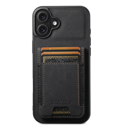 For iPhone 16 Plus Suteni H03 Litchi Leather Card Bag Stand Back Phone Case(Black) - iPhone 16 Plus Cases by Suteni | Online Shopping UK | buy2fix