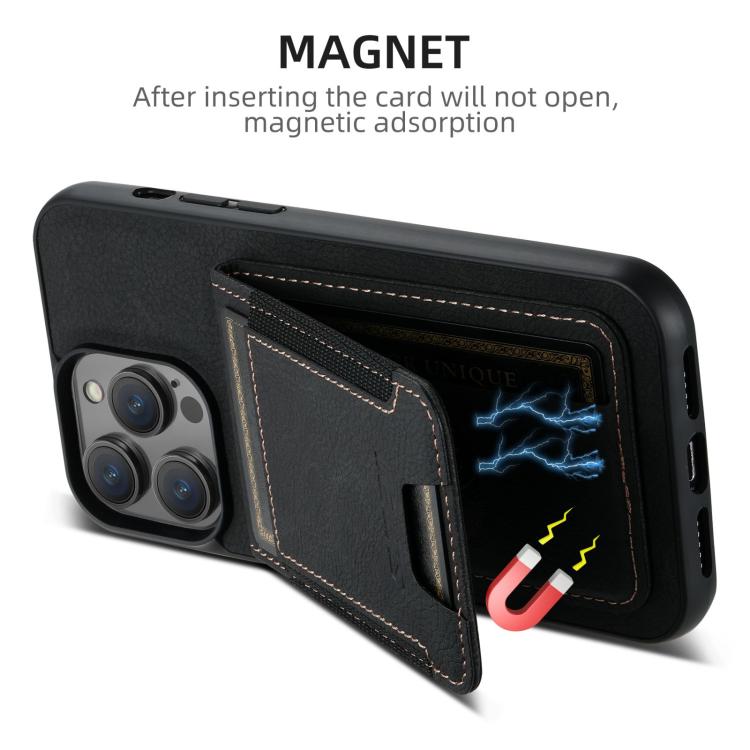 For iPhone 16e Suteni H03 Litchi Leather Card Bag Stand Back Phone Case(Black) - iPhone 16e Cases by Suteni | Online Shopping UK | buy2fix