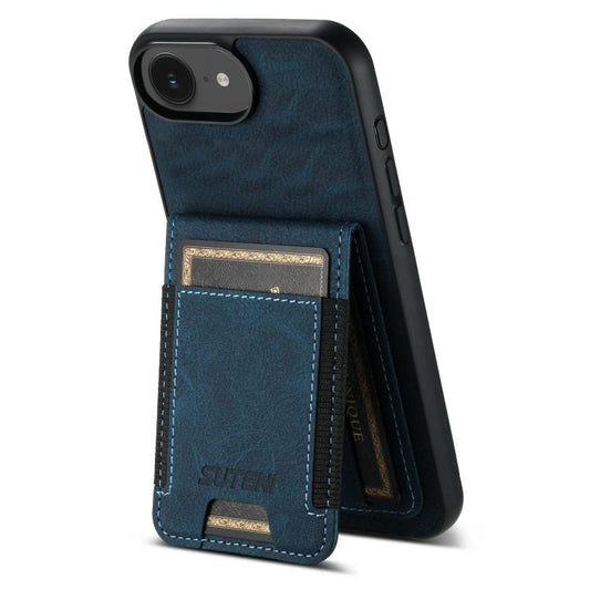 For iPhone 16e Suteni H03 Litchi Leather Card Bag Stand Back Phone Case(Blue) - iPhone 16e Cases by Suteni | Online Shopping UK | buy2fix