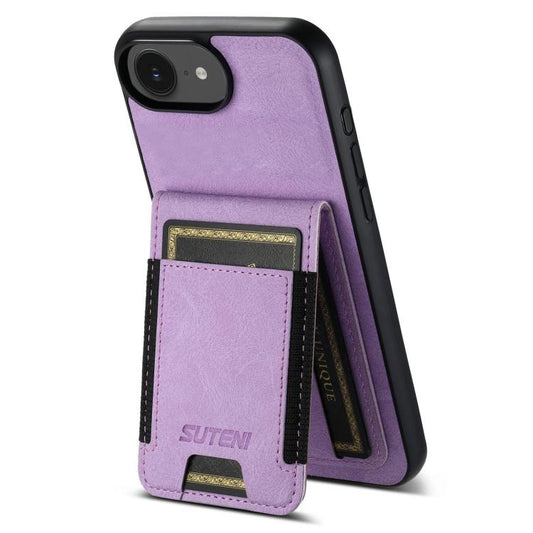 For iPhone 16e Suteni H03 Litchi Leather Card Bag Stand Back Phone Case(Purple) - iPhone 16e Cases by Suteni | Online Shopping UK | buy2fix