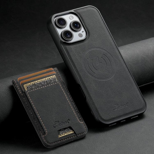 For iPhone 16e Suteni H17 Litchi Texture Leather MagSafe Detachable Wallet Phone Case(Black) - iPhone 16e Cases by Suteni | Online Shopping UK | buy2fix