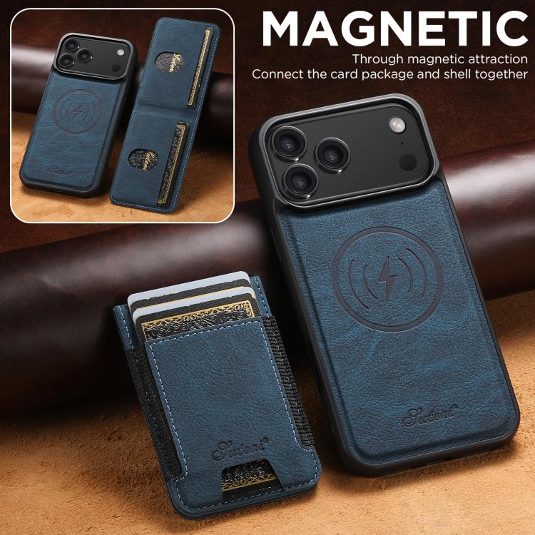 For iPhone 17 Pro Suteni H17 Litchi Texture Leather MagSafe Detachable Wallet Phone Case(Blue) - iPhone 17 Pro Cases by Suteni | Online Shopping UK | buy2fix