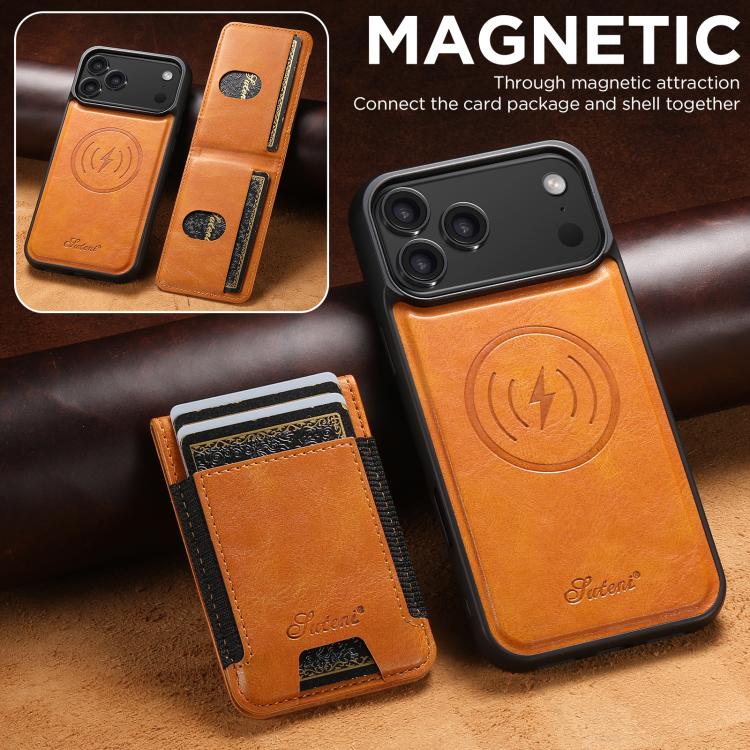 For iPhone 17 Pro Suteni H17 Oil Eax Leather MagSafe Detachable Wallet Phone Case(Khaki) - iPhone 17 Pro Cases by Suteni | Online Shopping UK | buy2fix