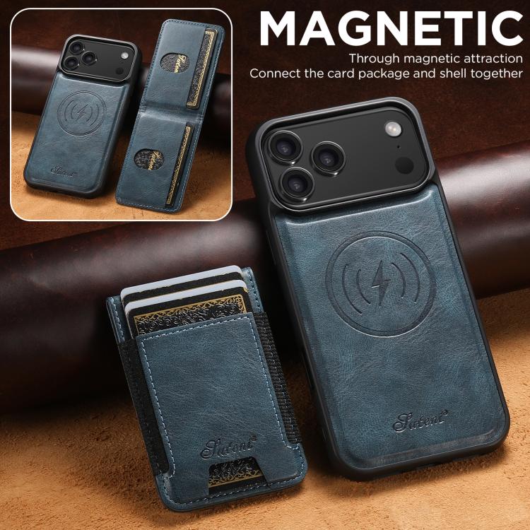 For iPhone 17 Pro Suteni H17 Oil Eax Leather MagSafe Detachable Wallet Phone Case(Blue) - iPhone 17 Pro Cases by Suteni | Online Shopping UK | buy2fix