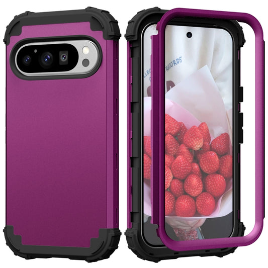 For Google Pixel 9 Pro 3 in 1 Silicone Hybrid PC Shockproof Phone Case(Dark Purple) by buy2fix