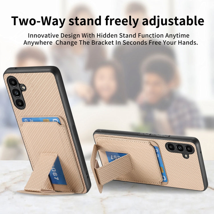 For Samsung Galaxy Note20 Carbon Fiber Card Bag Fold Stand Phone Case(Khaki) by buy2fix