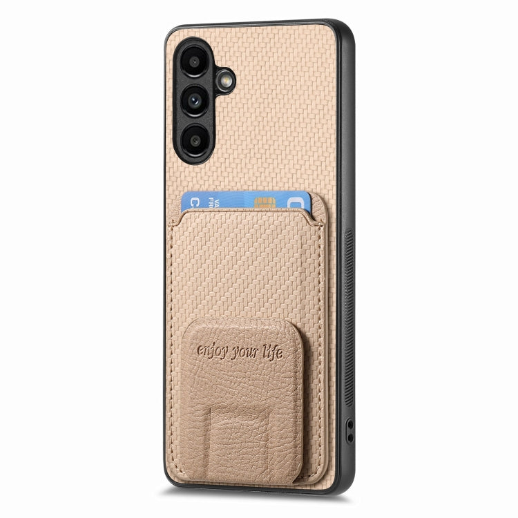For Samsung Galaxy Note20 Carbon Fiber Card Bag Fold Stand Phone Case(Khaki) by buy2fix