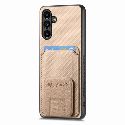 For Samsung Galaxy Note20 Carbon Fiber Card Bag Fold Stand Phone Case(Khaki) by buy2fix