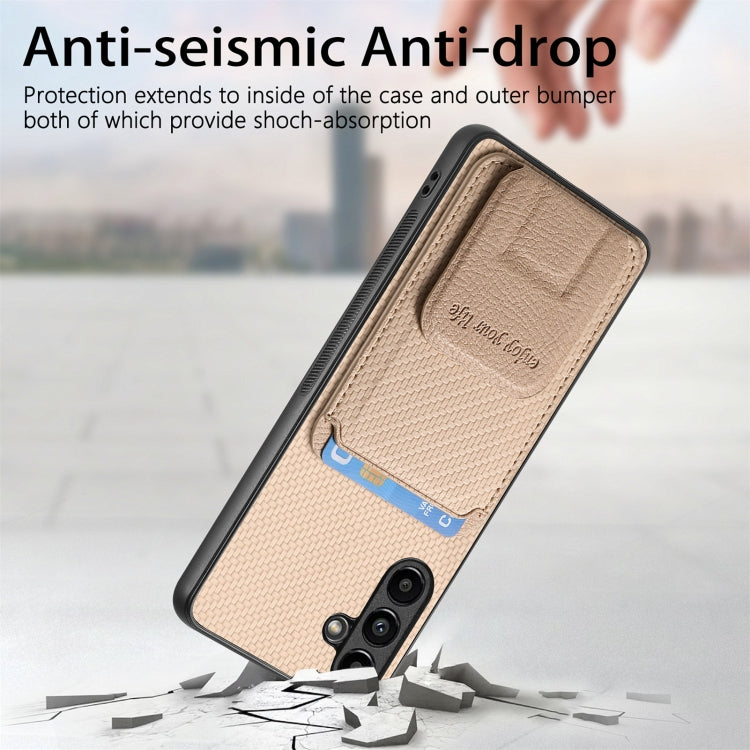 For Samsung Galaxy Note20 Carbon Fiber Card Bag Fold Stand Phone Case(Khaki) by buy2fix