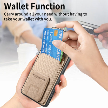 For Samsung Galaxy Note20 Carbon Fiber Card Bag Fold Stand Phone Case(Khaki) by buy2fix