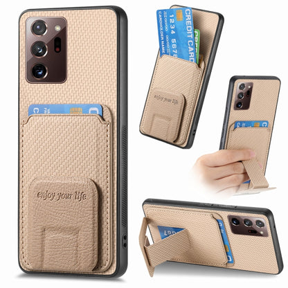 For Samsung Galaxy Note20 Ultra Carbon Fiber Card Bag Fold Stand Phone Case(Khaki) by buy2fix