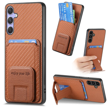 For Samsung Galaxy S25 5G Carbon Fiber Card Bag Fold Stand Phone Case(Brown) by buy2fix