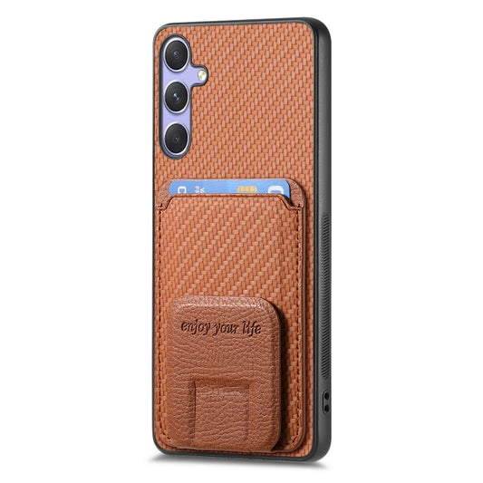 For Samsung Galaxy S25 5G Carbon Fiber Card Bag Fold Stand Phone Case(Brown) by buy2fix
