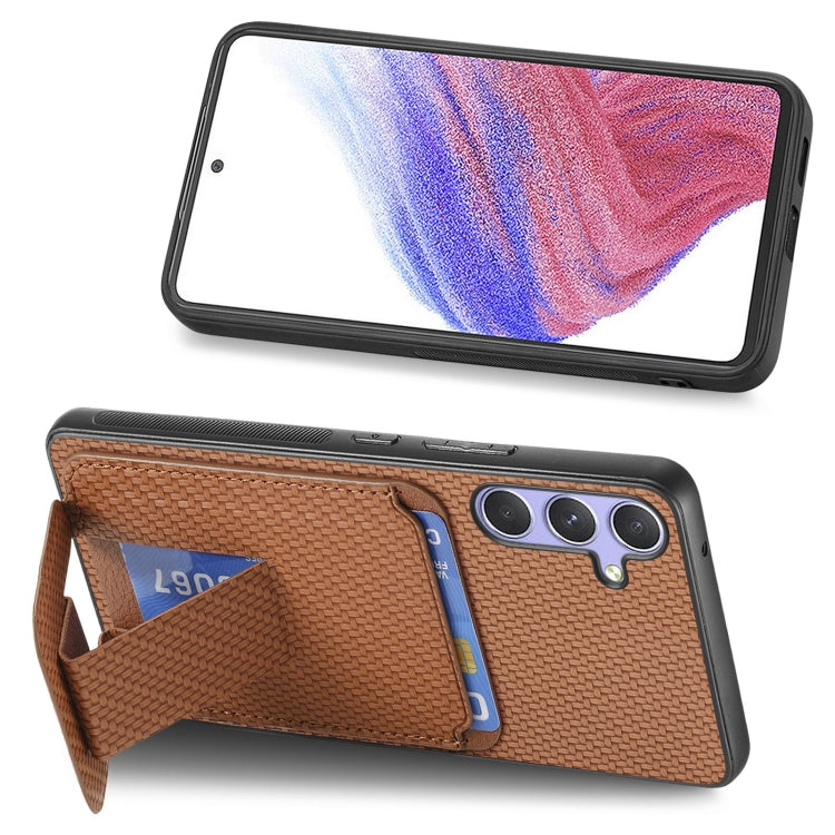 For Samsung Galaxy S25 5G Carbon Fiber Card Bag Fold Stand Phone Case(Brown) by buy2fix