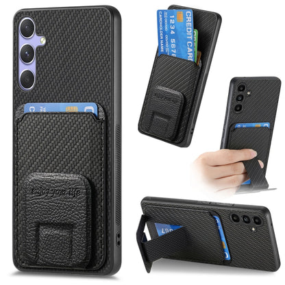For Samsung Galaxy S25+ 5G Carbon Fiber Card Bag Fold Stand Phone Case(Black) by buy2fix