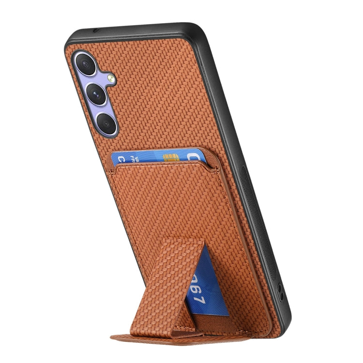 For Samsung Galaxy S25+ 5G Carbon Fiber Card Bag Fold Stand Phone Case(Brown) by buy2fix