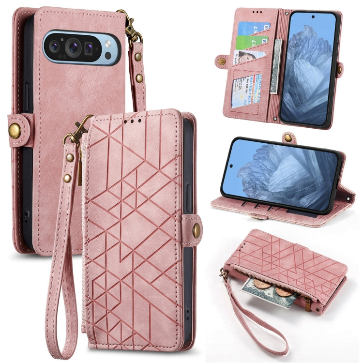 For Google Pixel 9 Geometric Zipper Wallet Side Buckle Leather Phone Case(Pink) by buy2fix