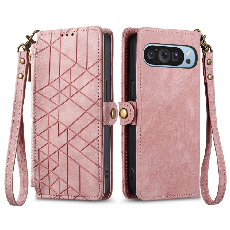 For Google Pixel 9 Geometric Zipper Wallet Side Buckle Leather Phone Case(Pink) by buy2fix