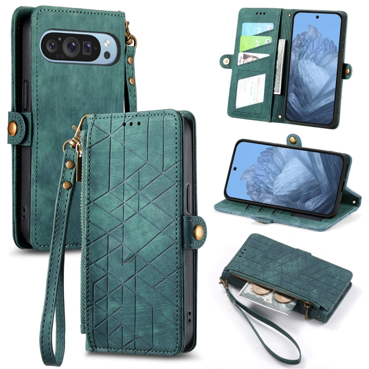 For Google Pixel 9 Geometric Zipper Wallet Side Buckle Leather Phone Case(Green) by buy2fix