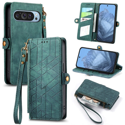 For Google Pixel 9 Geometric Zipper Wallet Side Buckle Leather Phone Case(Green) by buy2fix