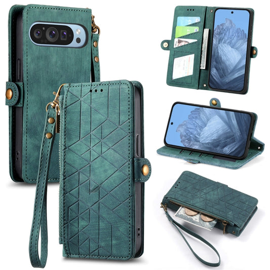 For Google Pixel 9 Geometric Zipper Wallet Side Buckle Leather Phone Case(Green) by buy2fix
