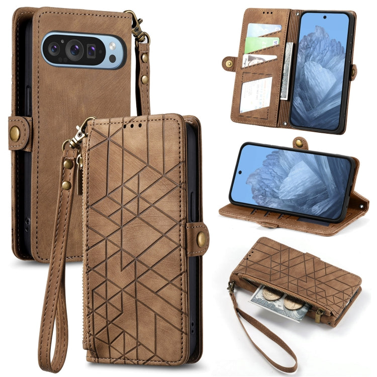 For Google Pixel 9 Geometric Zipper Wallet Side Buckle Leather Phone Case(Brown) by buy2fix