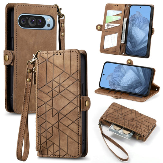 For Google Pixel 9 Geometric Zipper Wallet Side Buckle Leather Phone Case(Brown) by buy2fix