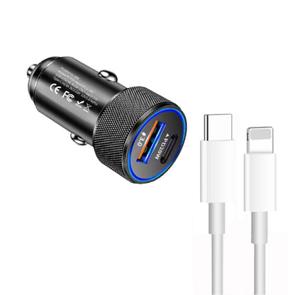P19 Metal PD20W USB-C + QC18W USB Car Charger with Type-C to 8 Pin Date Cable(Black) by buy2fix