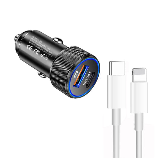 P19 Metal PD20W USB-C + QC18W USB Car Charger with Type-C to 8 Pin Date Cable(Black) by buy2fix