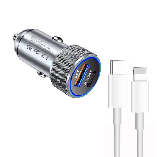 P19 Metal PD20W USB-C + QC18W USB Car Charger with Type-C to 8 Pin Date Cable(Silver Gray) by buy2fix
