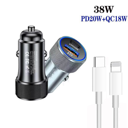 P19 Metal PD20W USB-C + QC18W USB Car Charger with Type-C to 8 Pin Date Cable(Black) by buy2fix