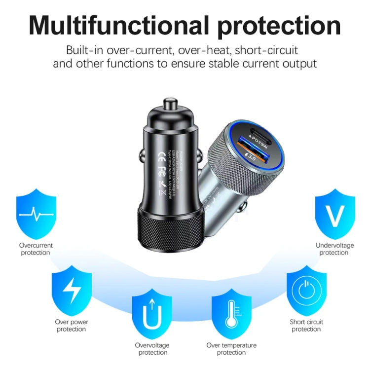 P19 Metal PD20W USB-C + QC18W USB Car Charger with Type-C to 8 Pin Date Cable(Black) by buy2fix