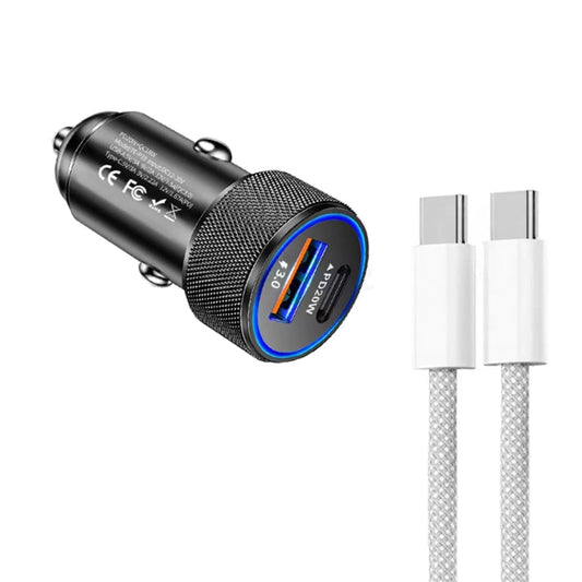 P19 Metal PD20W USB-C + QC18W USB Car Charger with USB-C to USB-C Date Cable for iPhone 15 series(Black) by buy2fix