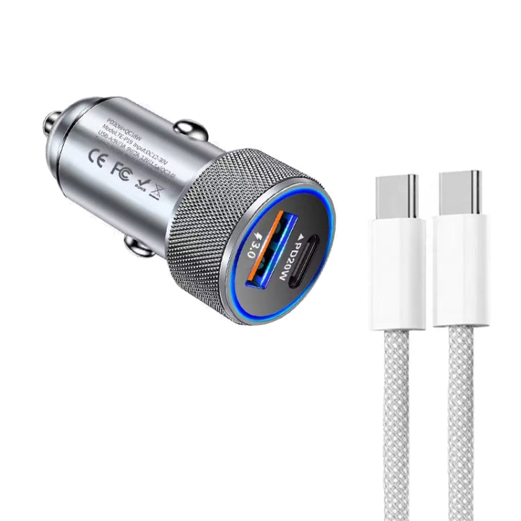 P19 Metal PD20W USB-C + QC18W USB Car Charger with USB-C to USB-C Date Cable for iPhone 15 series(Silver Gray) by buy2fix