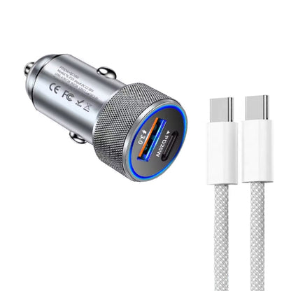 P19 Metal PD20W USB-C + QC18W USB Car Charger with USB-C to USB-C Date Cable for iPhone 15 series(Silver Gray) by buy2fix