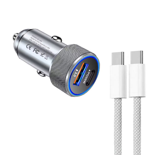P19 Metal PD20W USB-C + QC18W USB Car Charger with USB-C to USB-C Date Cable for iPhone 15 series(Silver Gray) by buy2fix