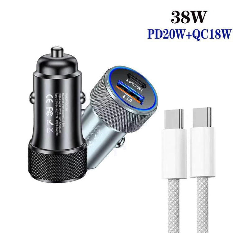 P19 Metal PD20W USB-C + QC18W USB Car Charger with USB-C to USB-C Date Cable for iPhone 15 series(Black) by buy2fix