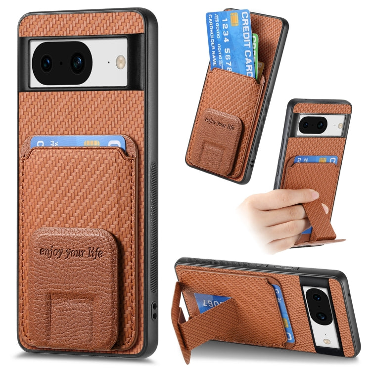For Google Pixel 6a Carbon Fiber Card Bag Fold Stand Phone Case(Brown) by buy2fix
