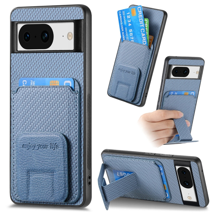 For Google Pixel 7a Carbon Fiber Card Bag Fold Stand Phone Case(Blue) by buy2fix